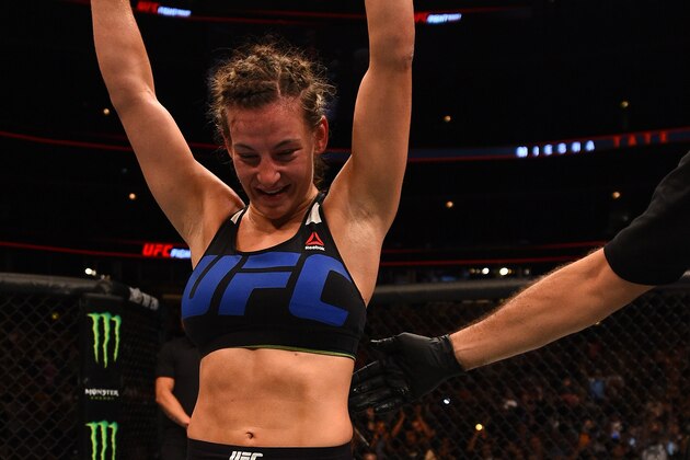 CHICAGO, IL - JULY 25: Miesha Tate reacts after he unanimous-decision victory over Jessica Eye in their women's bantamweight bout during the UFC event at the United Center on July 25, 2015 in Chicago, Illinois. (Photo by Jeff Bottari/Zuffa LLC/Zuffa LLC via Getty Images) CHICAGO, IL - JULY 25: Miesha Tate reacts after he unanimous-decision victory over Jessica Eye in their women's bantamweight bout during the UFC event at the United Center on July 25, 2015 in Chicago, Illinois. (Photo by Jeff Bottari/Zuffa LLC/Zuffa LLC via Getty Images)