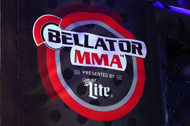 A Bellator MMA and Spike TV logo are seen at Bellator 134 on Friday, Feb. 27, 2015, in Uncasville, CT.   (AP Photo/Gregory Payan)