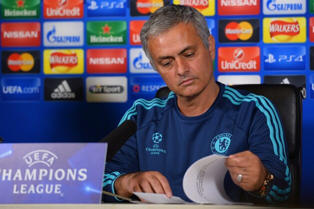 Chelsea's Portuguese manager Jose Mourinho reads the press stats at a press conference at Chelsea's training ground in Cobham in south west London, on November 3, 2015, on the eve of their UEFA Champions League group G match against Dynamo Kiev. AFP PHOTO / GLYN KIRK        (Photo credit should read GLYN KIRK/AFP/Getty Images)