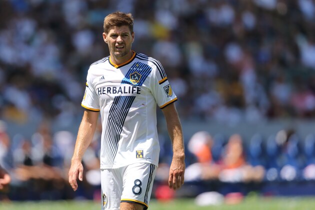 LOS ANGELES, CA - AUGUST 23:  #8 Steven Gerrard of LA Galaxy during the MLS match between Los Angeles Galaxy and New York City FC at StubHub Center on August 23, 2015 in Los Angeles, California.  (Photo by Matthew Ashton - AMA/Getty Images)