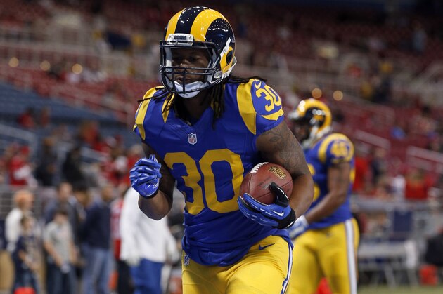 St. Louis Rams running back Todd Gurley warms up before the start of an NFL football game between the St. Louis Rams and the San Francisco 49ers Sunday, Nov. 1, 2015, in St. Louis. (AP Photo/Billy Hurst)