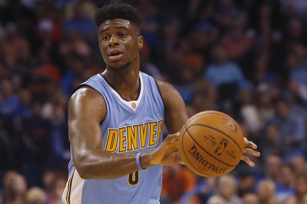 Denver Nuggets guard Emmanuel Mudiay (0) is pictured during an NBA basketball game between the Denver Nuggets and the Oklahoma City Thunder in Oklahoma City, Sunday, Nov. 1, 2015. Oklahoma City won 117-93. (AP Photo/Sue Ogrocki)