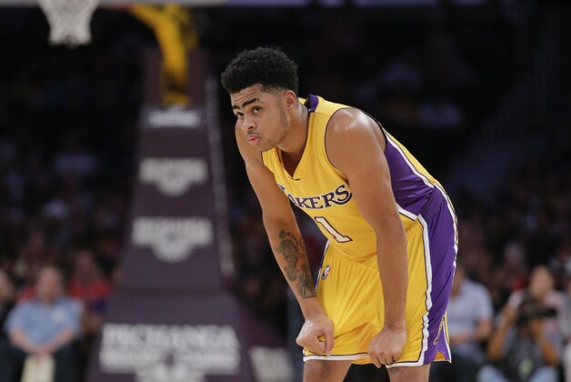 Los Angeles Lakers' D'Angelo Russell looks on during the first half of an NBA preseason basketball game against the Maccabi Haifa on Sunday, Oct. 11, 2015, in Los Angeles. (AP Photo/Jae C. Hong)