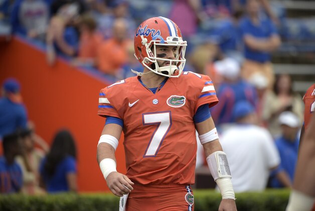 Florida quarterback Will Grier (7) warms up before an NCAA college football game against Mississippi Saturday, Oct. 3, 2015, in Gainesville, Fla. (AP Photo/Phelan M. Ebenhack)