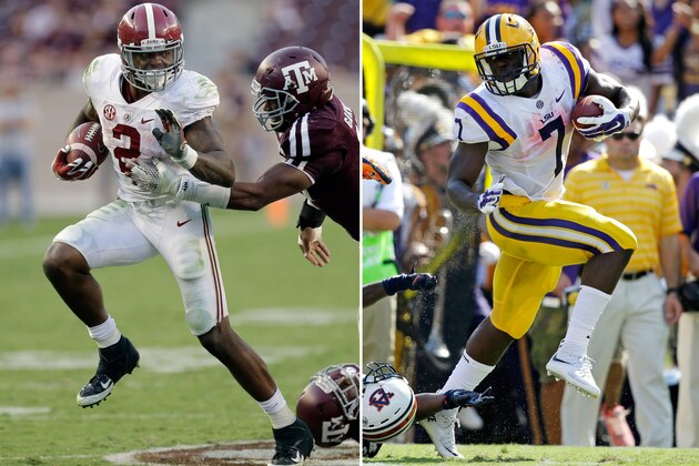 FILE - At left, in an Oct. 17, 2015, file photo, Alabama running back Derrick Henry (2) is chased by Texas A&M 's Myles Garrett  during the second half of an NCAA college football game in College Station, Texas. At right, in a Sept. 19, 2015, file photo, LSU running back Leonard Fournette (7)  runs past Auburn defensive back Blake Countess (24) on a touchdown run in the first half of an NCAA college football game in Baton Rouge, La. Perhaps out of respect _ if not reverence _ teammates of LSU's Leonard Fournette and Alabama's Derrick Henry seem to resist comparing the two running backs. Regardless, the similarities and differences of two of the nation's most powerful runners will come into focus when they lead their Top 10 teams onto the same field on Saturday night. (AP Photo/File)