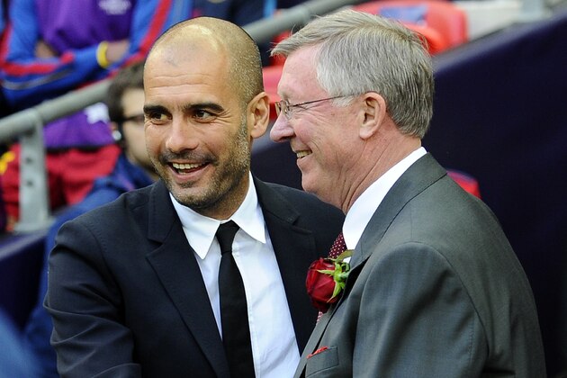 Barcelona's Spanish coach Josep Guardiola (L) embraces Manchester United manager Alex Ferguson during the UEFA Champions League final football match FC Barcelona vs. Manchester United, on May 28, 2011 at Wembley stadium in London. AFP PHOTO / CARL DE SOUZA (Photo credit should read CARL DE SOUZA/AFP/Getty Images)