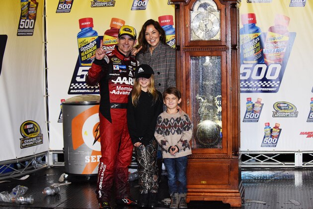MARTINSVILLE, VA - NOVEMBER 01:  Jeff Gordon, driver of the #24 AARP Member Advantages Chevrolet, celebrates in Victory Lane with his wife Ingrid Vandebosch, daughter Ella and son Leo after winning the NASCAR Sprint Cup Series Goody's Headache Relief Shot 500 at Martinsville Speedway on November 1, 2015 in Martinsville, Virginia.  (Photo by Jonathan Moore/Getty Images)