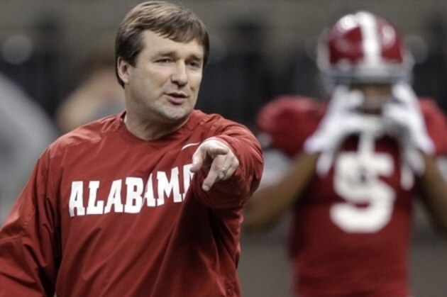 Alabama defensive coordinator Kirby Smart directs a drill during NCAA college football practice at the Mercedes-Benz Superdome in New Orleans, La., Sunday, Dec. 28, 2014. Alabama is scheduled to play Ohio State in the Sugar Bowl on Jan. 1, 2015. (AP Photo/Gerald Herbert)