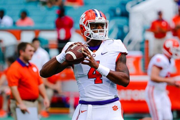 Oct 24, 2015; Miami Gardens, FL, USA; Clemson Tigers quarterback Deshaun Watson (4) warms up before a game against the Miami Hurricanes at Sun Life Stadium. Mandatory Credit: Steve Mitchell-USA TODAY Sports