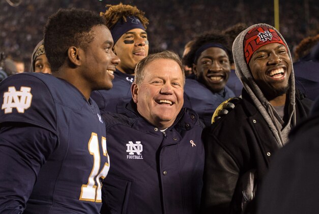 Oct 17, 2015; South Bend, IN, USA; Notre Dame Fighting Irish head coach Brian Kelly smiles after defeating the USC Trojans 41-31 at Notre Dame Stadium. Mandatory Credit: Matt Cashore-USA TODAY Sports