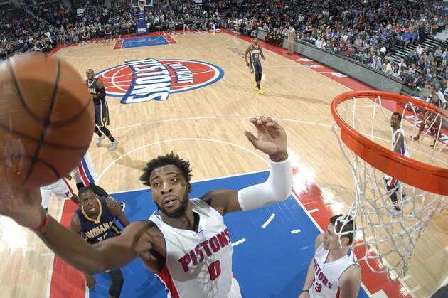 AUBURN HILLS, MI - NOVEMBER 3: Andre Drummond #0 of the Detroit Pistons goes to the basket against the Indiana Pacers during the game on November 3, 2015 at The Palace of Auburn Hills in Auburn Hills, Michigan. NOTE TO USER: User expressly acknowledges and agrees that, by downloading and/or using this photograph, User is consenting to the terms and conditions of the Getty Images License Agreement. Mandatory Copyright Notice: Copyright 2015 NBAE (Photo by Allen Einstein/NBAE via Getty Images)