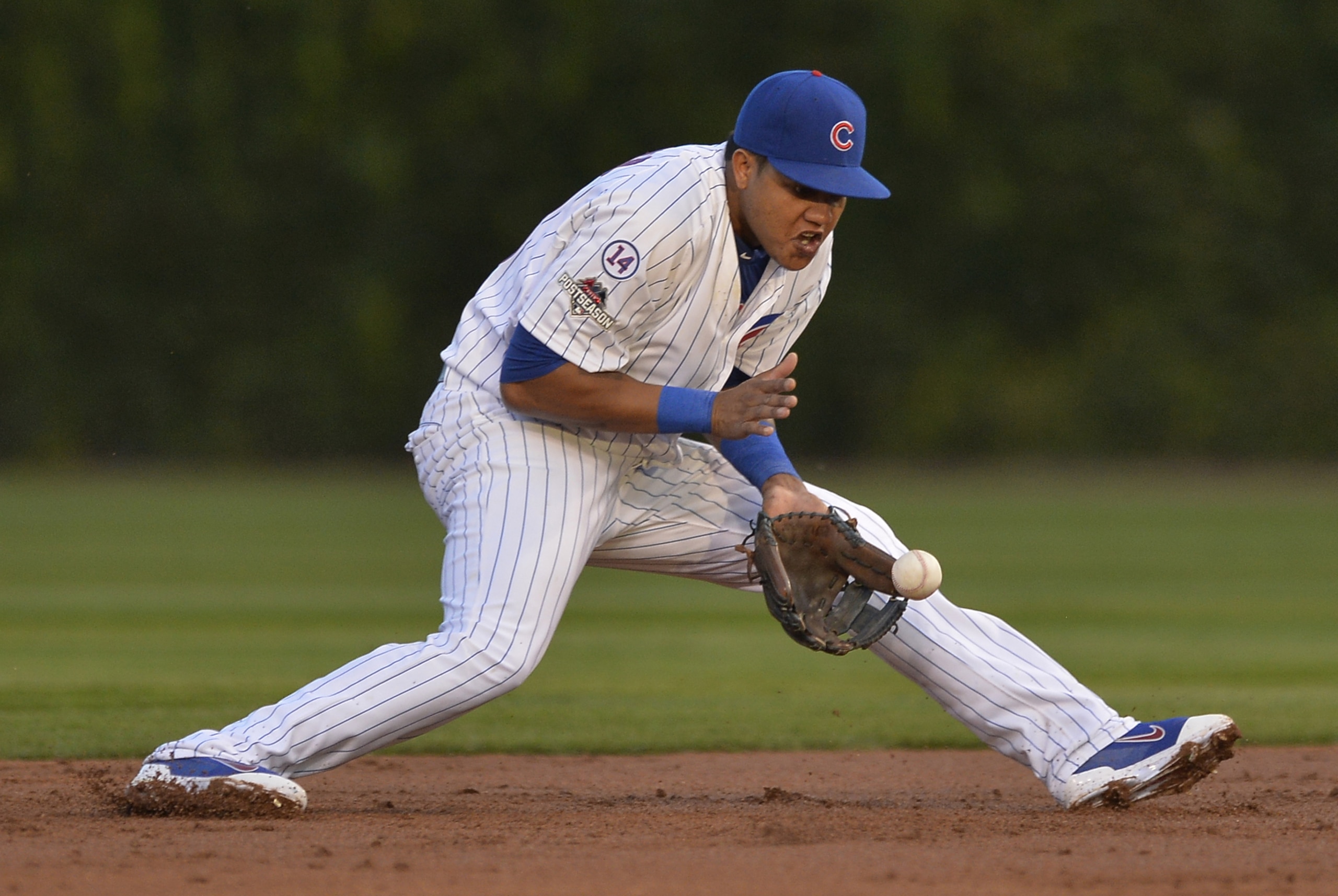 Chicago Cubs shortstop Starlin Castro (13) fields a ground ball hit by St. Louis Cardinals catcher Yadier Molina (4) during the second inning of Game 3 in baseball's National League Division Series, Monday, Oct. 12, 2015, in Chicago. (AP Photo/Paul Beaty)