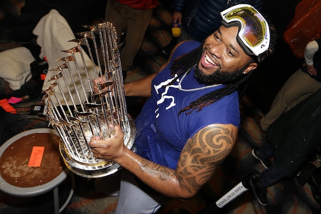 Kansas City Royals' Johnny Cueto celebrates after Game 5 of the Major League Baseball World Series against the New York Mets Monday, Nov. 2, 2015, in New York. The Royals won 7-2 to win the series. (AP Photo/David J. Phillip)