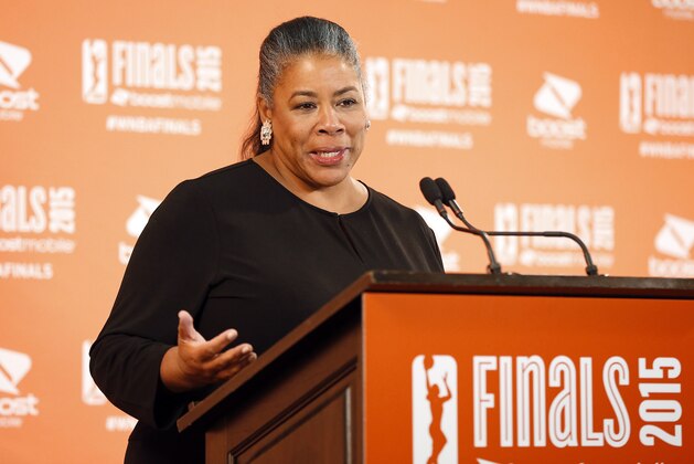 WNBA president Laurel J. Richie speaks prior to Game 2 of the WNBA basketball finals between the Indiana Fever and Minnesota Lynx, Tuesday, Oct. 6, 2015, in Minneapolis. (AP Photo/Jim Mone)