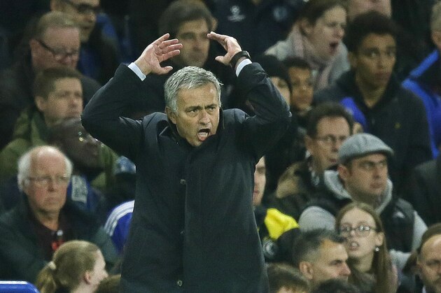 Chelsea manager Jose Mourinho reacts during the Champions League Group G soccer match between Chelsea and Dynamo Kiev at Stamford Bridge Stadium in London,  Wednesday, Nov. 4, 2015. (AP Photo/Tim Ireland)