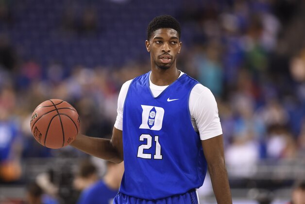 Apr 3, 2015; Indianapolis, IN, USA; Duke Blue Devils forward Amile Jefferson during practice for the 2015 NCAA Men's Division I Championship semi-final game at Lucas Oil Stadium. Mandatory Credit: Bob Donnan-USA TODAY Sports