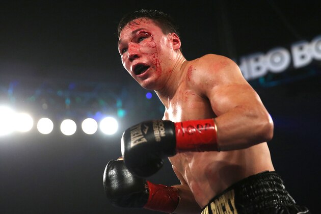 VERONA , NY - APRIL 18: Ruslan Provodnikov is cut over his left eye during his fight against Lucas Matthysse at the Turning Stone Resort Casino on April 18, 2015 in Verona, New York.  Matthysee won the 12 round bout by scores of 114-114, 115-113 and 115-113. (Photo by Alex Menendez/Getty Images)