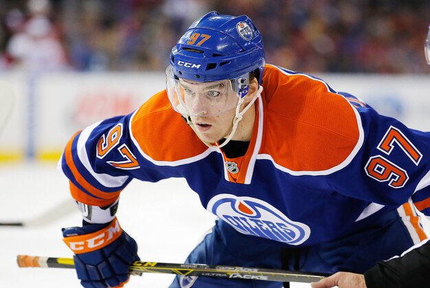 Oct 29, 2015; Edmonton, Alberta, CAN; Edmonton Oilers forward Connor McDavid (97) waits for a face-off against the Montreal Canadiens at Rexall Place. Mandatory Credit: Perry Nelson-USA TODAY Sports