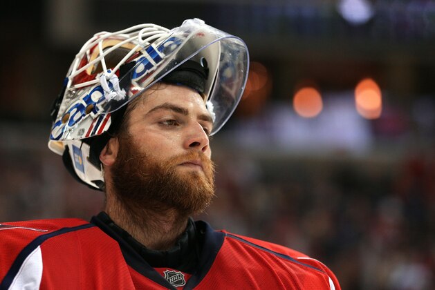WASHINGTON, DC - OCTOBER 30: Goalie Braden Holtby #70 of the Washington Capitals in action against the Columbus Blue Jackets at Verizon Center on October 30, 2015 in Washington, DC. (Photo by Patrick Smith/Getty Images)
