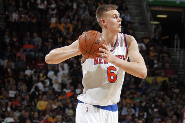 CLEVELAND, OH - NOVEMBER 4:  Kristaps Porzingis #6 of the New York Knicks handles the ball against the Cleveland Cavaliers on November 4, 2015 at Quicken Loans Arena in Cleveland, Ohio. NOTE TO USER: User expressly acknowledges and agrees that, by downloading and/or using this Photograph, user is consenting to the terms and conditions of the Getty Images License Agreement. Mandatory Copyright Notice: Copyright 2015 NBAE  (Photo by Gregory Shamus/NBAE via Getty Images)