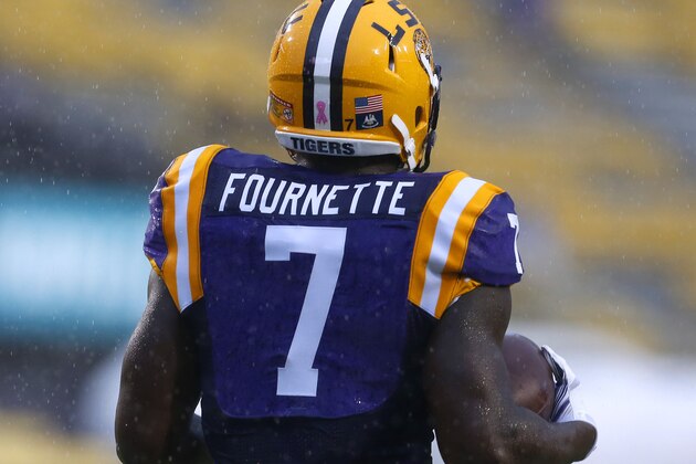 LSU running back Leonard Fournette (7) warms up before an NCAA college football game in Baton Rouge, La., Saturday, Oct. 24, 2015. (AP Photo/Jonathan Bachman)