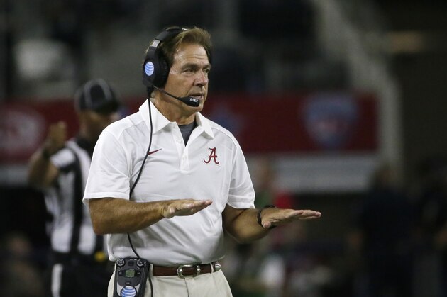 Alabama head coach Nick Saban gives directions from the sidelines during the first half of an NCAA college football game against Wisconsin, Saturday, Sept. 5, 2015, in Arlington, Texas. (AP Photo/LM Otero)