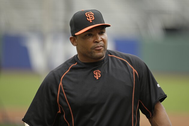 San Francisco Giants right fielder Marlon Byrd before the start of their baseball game against the San Diego Padres Saturday, Sept. 12, 2015, in San Francisco. (AP Photo/Eric Risberg)