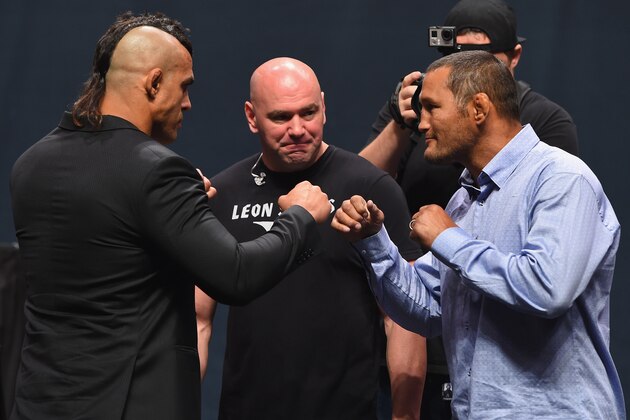 LAS VEGAS, NV - SEPTEMBER 04:  (L-R) Vitor Belfort and Dan Henderson face off during the UFC's Go Big launch event inside MGM Grand Garden Arena on September 4, 2015 in Las Vegas, Nevada.  (Photo by Josh Hedges/Zuffa LLC/Zuffa LLC via Getty Images)