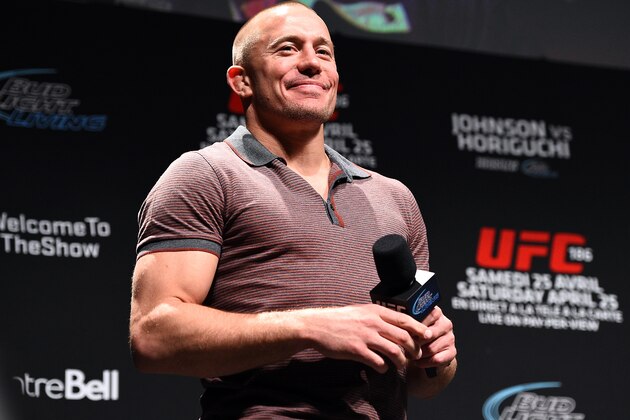 MONTREAL, QC - APRIL 24:  Former UFC welterweight champion Georges St-Pierre interacts with fans during a Q&A session before the UFC 186 weigh-in event at Metropolis on April 24, 2015 in Montreal, Quebec, Canada. (Photo by Jeff Bottari/Zuffa LLC/Zuffa LLC via Getty Images)