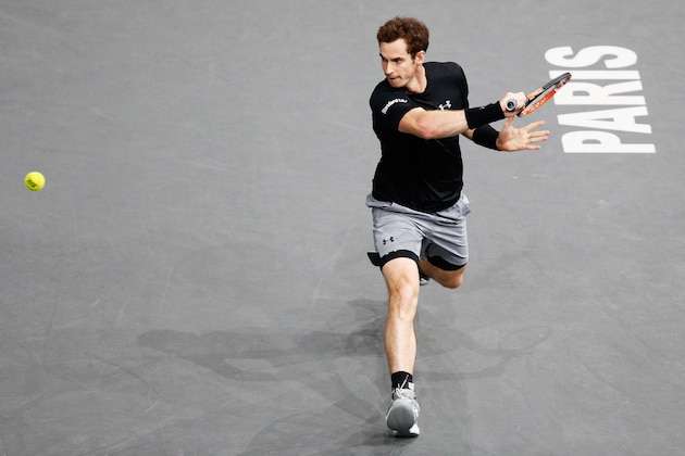 PARIS, FRANCE - NOVEMBER 04:  Andy Murray of Great Britain in action against Borna Coric of Croatia during Day 3 of the BNP Paribas Masters held at AccorHotels Arena on November 4, 2015 in Paris, France.  (Photo by Dean Mouhtaropoulos/Getty Images)