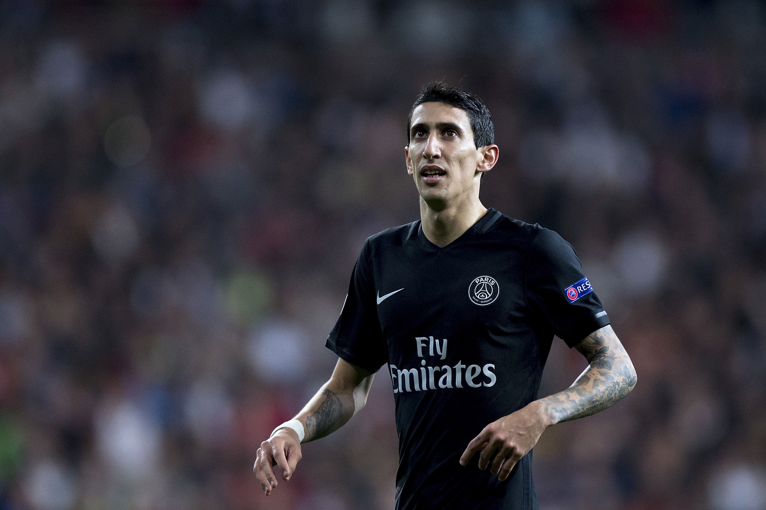 MADRID, SPAIN - NOVEMBER 03: Angel Di Maria of Paris Saint-Germain looks to the audience during the UEFA Champions League Group A match between Real Madrid CF and Paris Saint-Germain at Estadio Santiago Bernabeu on November 3, 2015 in Madrid, Spain.  (Photo by Gonzalo Arroyo Moreno/Getty Images)