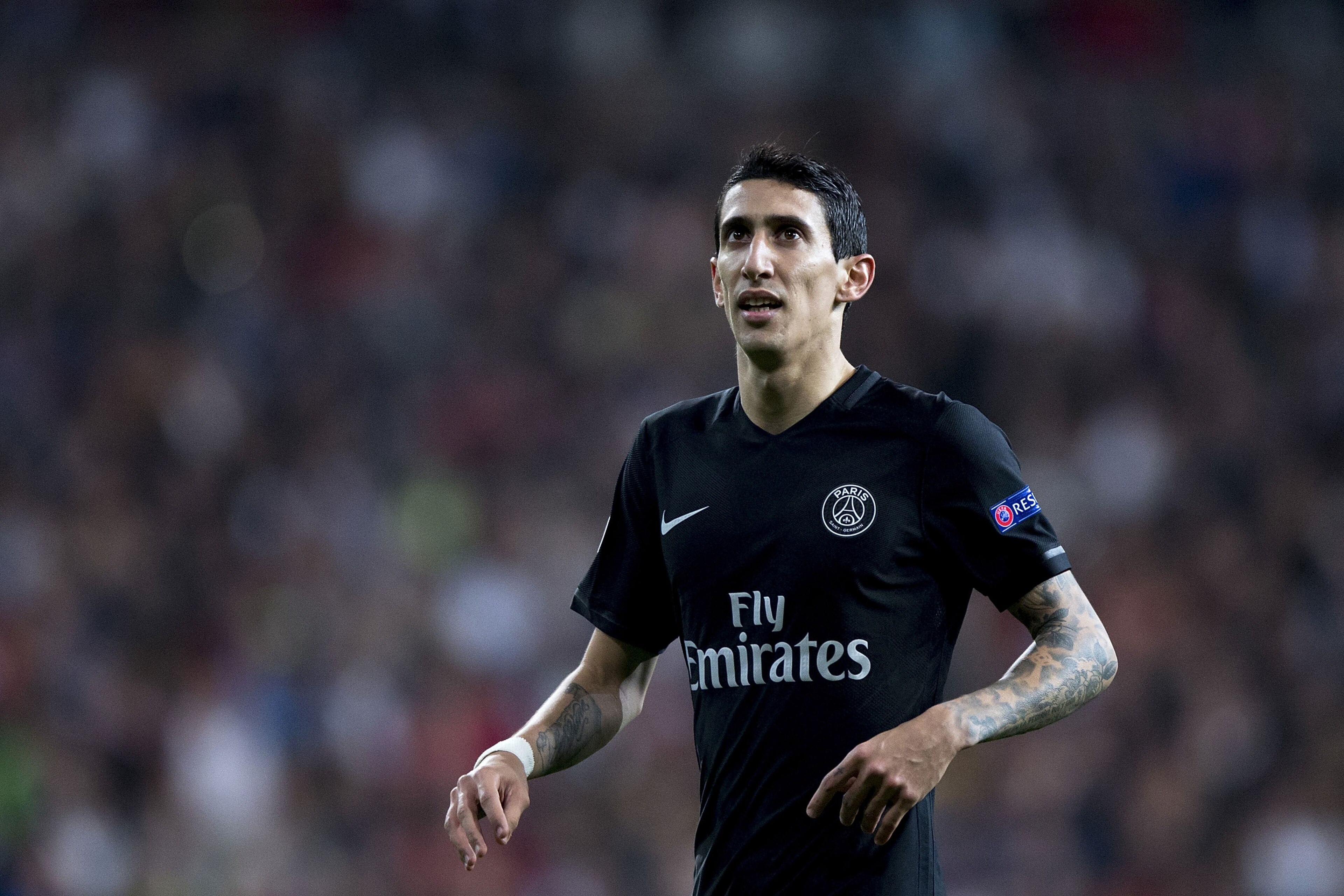 MADRID, SPAIN - NOVEMBER 03: Angel Di Maria of Paris Saint-Germain looks to the audience during the UEFA Champions League Group A match between Real Madrid CF and Paris Saint-Germain at Estadio Santiago Bernabeu on November 3, 2015 in Madrid, Spain.  (Photo by Gonzalo Arroyo Moreno/Getty Images)