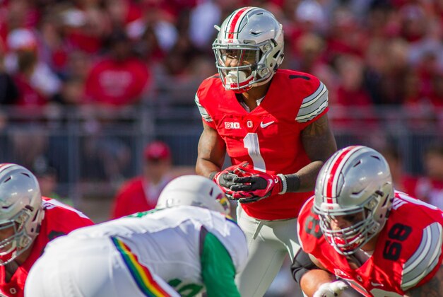 Sep 12, 2015; Columbus, OH, USA; Ohio State Buckeyes wide receiver Braxton Miller (1) before the snap of the ball during the game against the Hawaii Warriors at Ohio Stadium. The Ohio State Buckeyes beat the Hawaii Warriors by the score of 38-0. Mandatory Credit: Trevor Ruszkowski-USA TODAY Sports