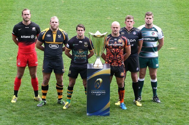 LONDON, ENGLAND - NOVEMBER 04:  Premiership team captain, (L-R), Alistair Hargreaves, Saracens, James Haskell, Wasps, Lee Dickson, Northampton Saints, Jack Yeandle, Exeter Chiefs, Stuart Hooper, Bath and Ed Slater of Leicester Tigers pose with the trophy during the European Rugby launch for Pro12 and Premiership clubs at Twickenham Stoop on November 4, 2015 in London, England.  (Photo by David Rogers/Getty Images)