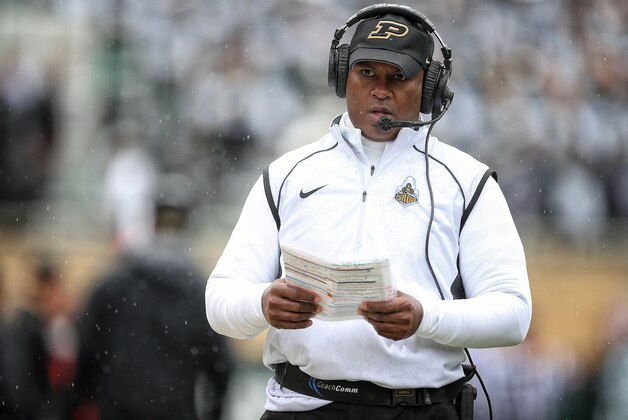 Oct 3, 2015; East Lansing, MI, USA; Purdue Boilermakers head coach Darrell Hazell walks the sidelines during the 2nd half of a game against the Michigan State Spartans at Spartan Stadium. MSU won 24-21. Mandatory Credit: Mike Carter-USA TODAY Sports