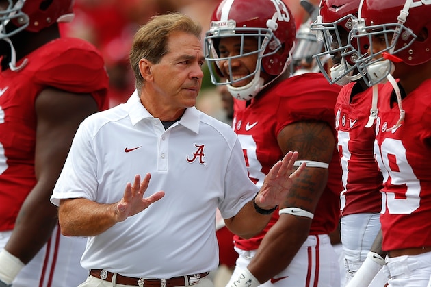 TUSCALOOSA, AL - OCTOBER 24:  Head coach Nick Saban of the Alabama Crimson Tide walks his team onto the field prior to facing the Tennessee Volunteers at Bryant-Denny Stadium on October 24, 2015 in Tuscaloosa, Alabama.  (Photo by Kevin C. Cox/Getty Images)