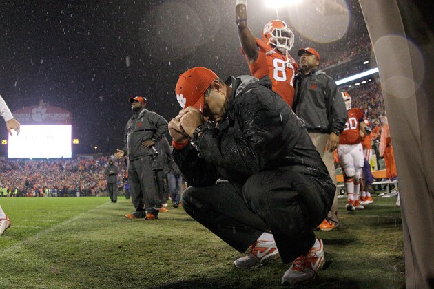 CLEMSON, SC - OCTOBER 3: Head Coach Dabo Swinney of the Cemson Tigers celebrates after defeating the Notre Dame Fighting Irish 24-22 at Clemson Memorial Stadium on October 3, 2015 in Clemson, South Carolina. (Photo by Tyler Smith/Getty Images)
