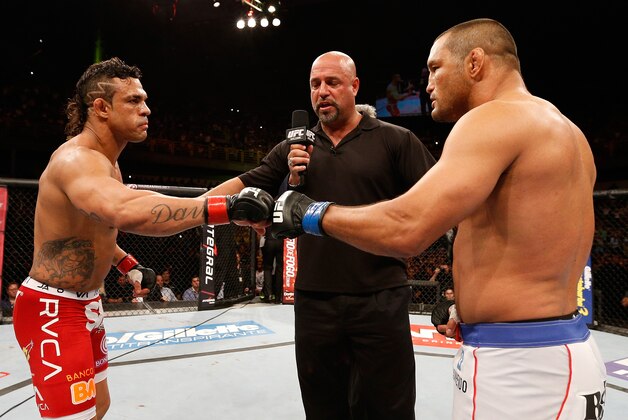 GOIANIA, BRAZIL - NOVEMBER 09:  Opponents Vitor Belfort (L) and Dan Henderson (R) face off before their light heavyweight bout during the UFC event at Arena Goiania on November 9, 2013 in Goiania, Brazil. (Photo by Josh Hedges/Zuffa LLC/Zuffa LLC via Getty Images)