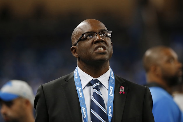 Detroit Lions general manager Martin Mayhew watches against the Arizona Cardinals during the second half of an NFL football game, Sunday, Oct. 11, 2015, in Detroit. (AP Photo/Paul Sancya)