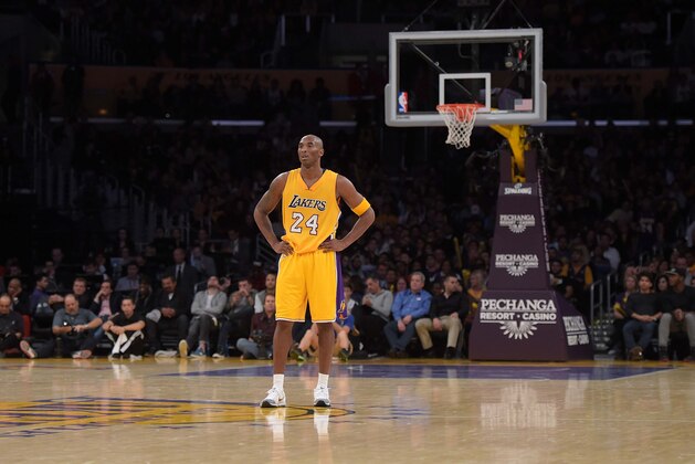 Nov 3, 2015; Los Angeles, CA, USA; Los Angeles Lakers guard Kobe Bryant (24) reacts during 120-109 loss against the Denver Nuggets at Staples Center. Mandatory Credit: Kirby Lee-USA TODAY Sports