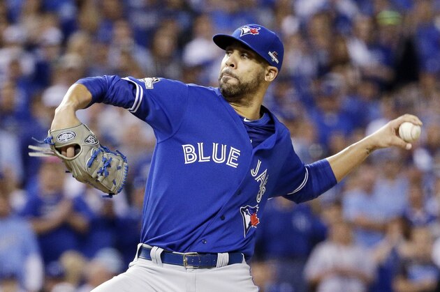 Toronto Blue Jays starting pitcher David Price throws against the Kansas City Royals during the first inning in Game 6 of baseball's American League Championship Series on Friday, Oct. 23, 2015, in Kansas City, Mo. (AP Photo/Charlie Riedel)