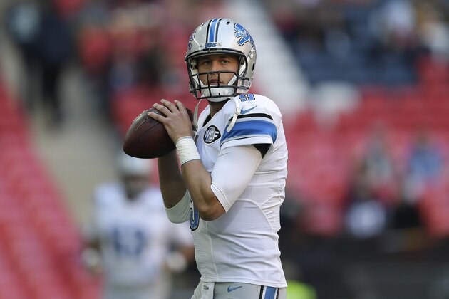 Detroit Lions quarterback Matthew Stafford (9) passes the ball during the warm-up before the NFL football game between Detroit Lions and Kansas City Chiefs Wembley Stadium in London,  Sunday, Nov. 1, 2015. (AP Photo/Matt Dunham)