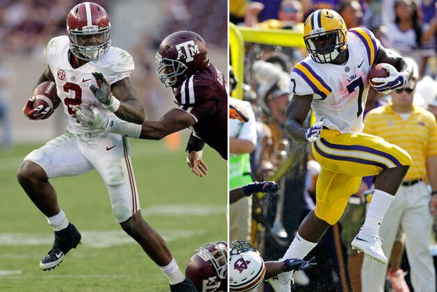 FILE - At left, in an Oct. 17, 2015, file photo, Alabama running back Derrick Henry (2) is chased by Texas A&M 's Myles Garrett  during the second half of an NCAA college football game in College Station, Texas. At right, in a Sept. 19, 2015, file photo, LSU running back Leonard Fournette (7)  runs past Auburn defensive back Blake Countess (24) on a touchdown run in the first half of an NCAA college football game in Baton Rouge, La. Perhaps out of respect _ if not reverence _ teammates of LSU's Leonard Fournette and Alabama's Derrick Henry seem to resist comparing the two running backs. Regardless, the similarities and differences of two of the nation's most powerful runners will come into focus when they lead their Top 10 teams onto the same field on Saturday night. (AP Photo/File)