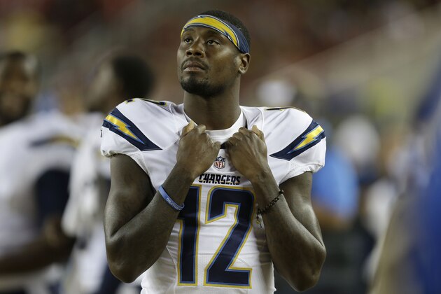 San Diego Chargers wide receiver Jacoby Jones (12) during the first half of an NFL preseason football game against the San Francisco 49ers in Santa Clara, Calif., Thursday, Sept. 3, 2015. (AP Photo/Ben Margot)