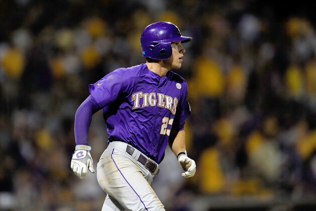 BATON ROUGE, LA - JUNE 08:  JaCoby Jones #23 of the LSU Tigers watches his home run during Game 2 of the NCAA baseball Super Regionals against the Oklahoma Sooners at Alex Box Stadium on June 8, 2013 in Baton Rouge, Louisiana.  (Photo by Stacy Revere/Getty Images)