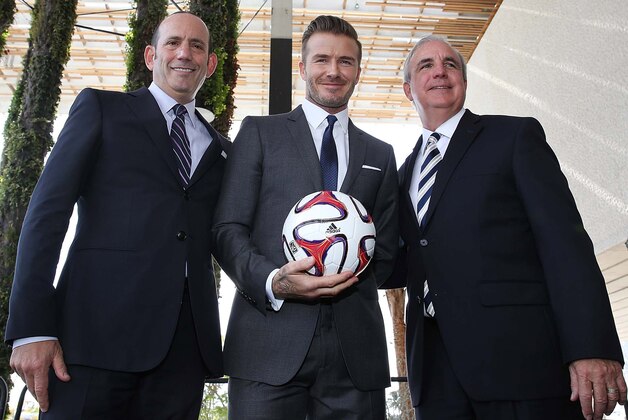 MIAMI, FL - FEBRUARY 05: (EDITORS NOTE: Retransmission of #466940287 with alternate crop.) Commissioner Don Garber, David Beckham and Mayor Carlos Gimenez attends a press conference to announce their plans to launch a new Major League Soccer franchise at PAMM Art Museum on February 5, 2014 in Miami, Florida. (Photo by Aaron Davidson/Getty Images)