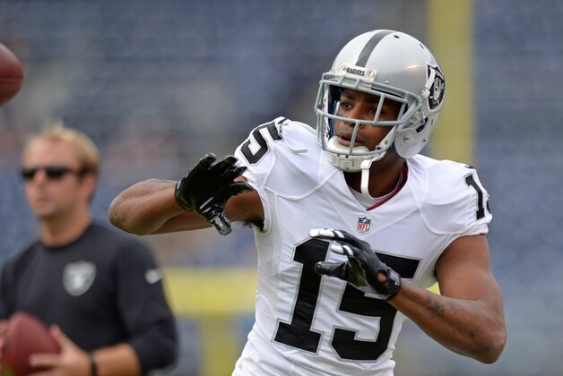 Oct 25, 2015; San Diego, CA, USA; Oakland Raiders wide receiver Michael Crabtree (15) catches a pass before the game against the San Diego Chargers at Qualcomm Stadium. Mandatory Credit: Jake Roth-USA TODAY Sports