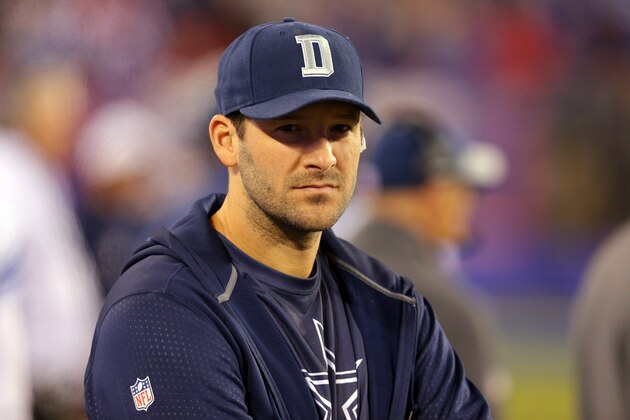 Dallas Cowboys quarterback Tony Romo #9 on the sidelines during an NFL game against the New York Giants at MetLife Stadium in East Rutherford, N.J. on Sunday, Oct. 25, 2015. (AP Photo/Brad Penner)