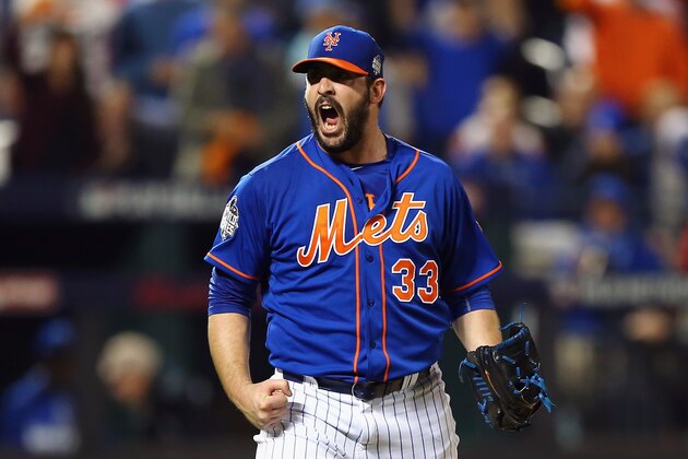 NEW YORK, NY - NOVEMBER 01:  Matt Harvey #33 of the New York Mets reacts during Game Five of the 2015 World Series against the Kansas City Royals at Citi Field on November 1, 2015 in the Flushing neighborhood of the Queens borough of New York City.  (Photo by Elsa/Getty Images)