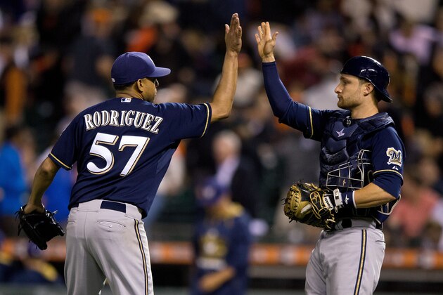 SAN FRANCISCO, CA - JULY 28:  Francisco Rodriguez #57 of the Milwaukee Brewers celebrates with Jonathan Lucroy #20 after the game against the San Francisco Giants at AT&T Park on July 28, 2015 in San Francisco, California.  The Milwaukee Brewers defeated the San Francisco Giants 5-2. (Photo by Jason O. Watson/Getty Images)